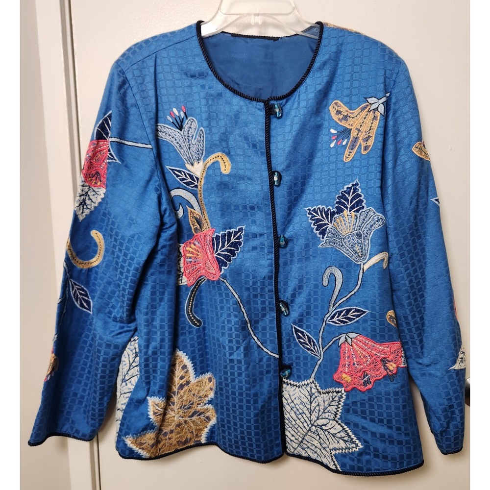 Indigo Moon Floral Lace Embroidered Lined Jacket‎ Blue Lrg XL Art to Wear Boho